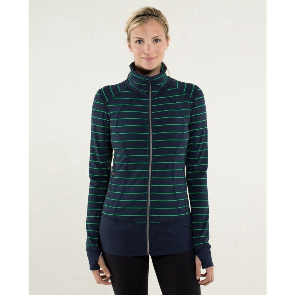 Lululemon Nice Asana Jacket. Slalom Stripe Inkwell.  Navy Blue/Green.Womens.Sz 6